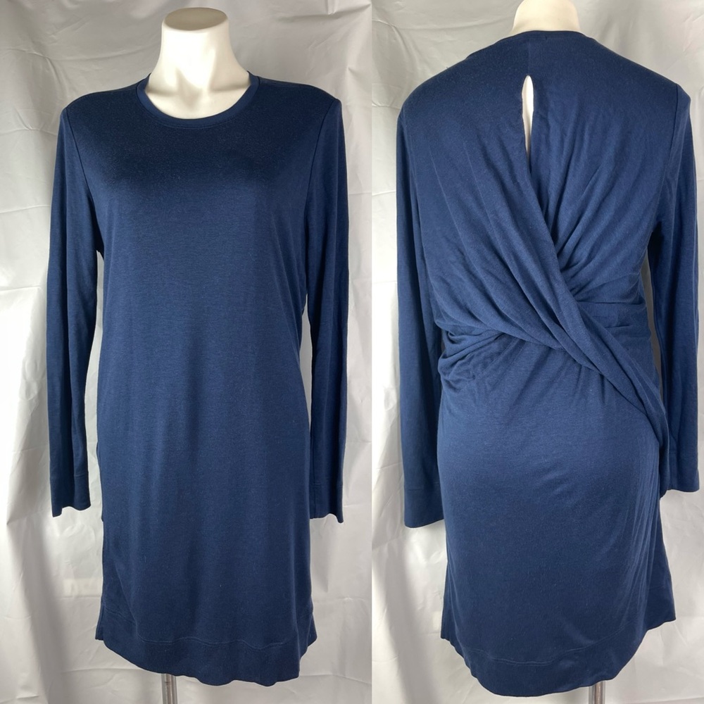 HELMUT LANG Long Sleeve Tencel Silk Blend Drape Back Lined Dress Blue USA Sz L